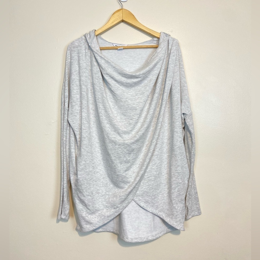 ATHLETA PURANA WRAP COZY SWEATSHIRT SWEATER HEATHERED GRAY RIBBED SLEEVE - Picture 2 of 10